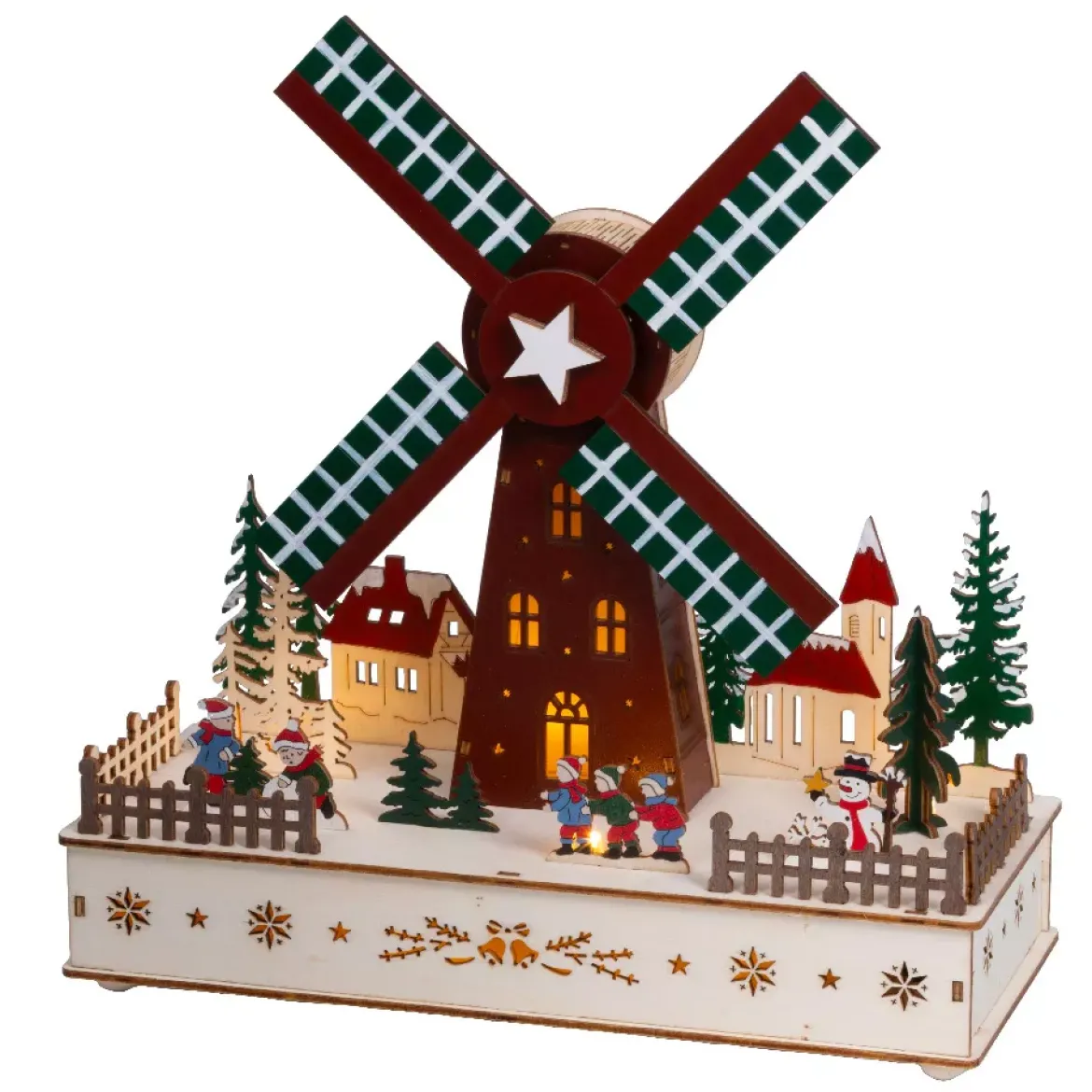 Villaggio di Natale in legno luminoso, animato e musicale a pile (H29 cm) Mulino a vento
