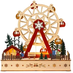 Villaggio di Natale in legno luminoso e musicale a pile (28 x H28 cm) Grande ruota colorata