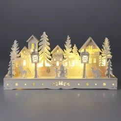 Villaggio di Natale in legno luminoso a pile (29 x H14 cm) Square incantato Bianco