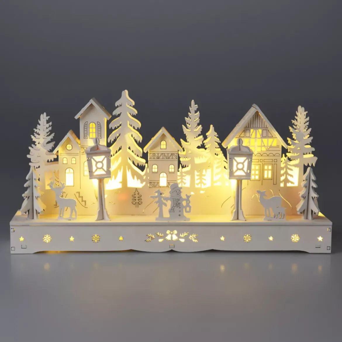 Villaggio di Natale in legno luminoso a pile (29 x H14 cm) Square incantato Bianco