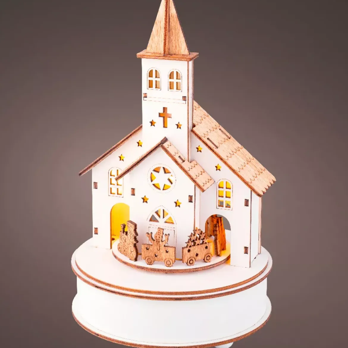 Villaggio di Natale in legno luminoso e musicale a pile (H24 cm) Chiesa e treno
