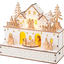 Villaggio di Natale in legno luminoso e musicale a pile (21 x H24 cm) Villaggio in festa