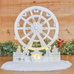Villaggio di Natale in legno luminoso e animato (H30 cm) Grande ruota di Natale