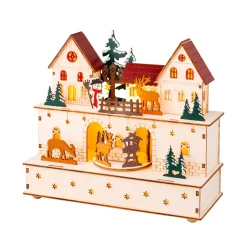 Villaggio di Natale in legno luminoso e musicale a pile (24 x H21 cm) Villaggio e animali