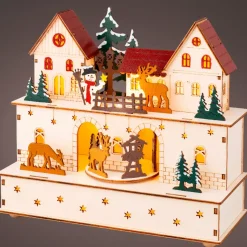 Villaggio di Natale in legno luminoso e musicale a pile (24 x H21 cm) Villaggio e animali