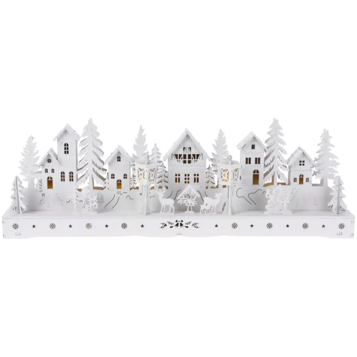 Villaggio di Natale in legno luminoso a pile (45 x H15 cm) Piazza incantata Bianca
