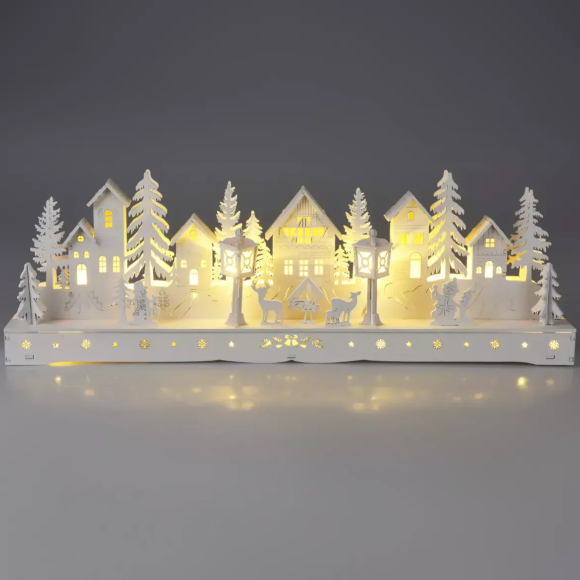 Villaggio di Natale in legno luminoso a pile (45 x H15 cm) Piazza incantata Bianca